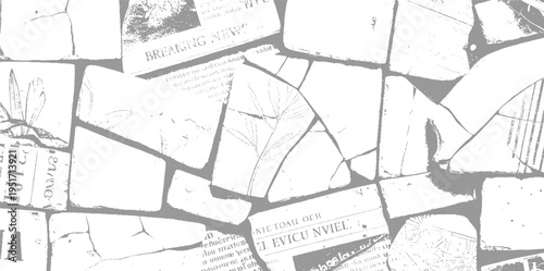 Fragmented grey and white newspaper clippings with visible text and floral print