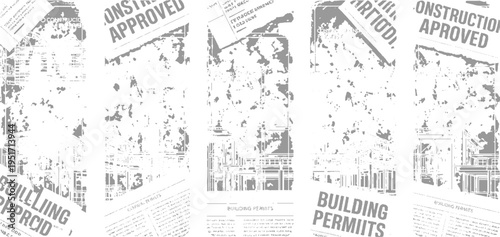 Construction permits and approved building documents with architectural blueprints and cityscapes