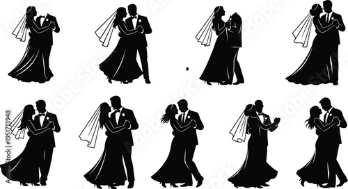 Elegant black and white silhouettes of bride and groom dancing in romantic wedding poses, graceful celebration illustration