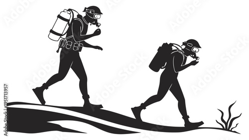 Scuba divers walking on ocean floor with diving gear black silhouette illustration