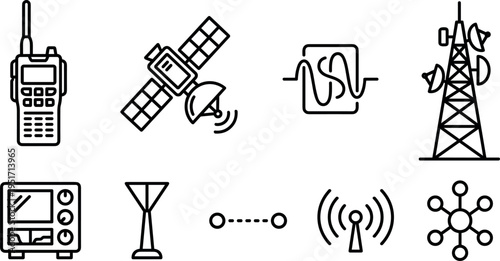 Communication Technology Line Icons Set with Radio, Satellite, Signal Tower and Network Symbols