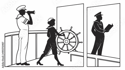 Navy bridge crew silhouette illustration with sailors on ship deck