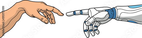 Human hand reaching robot hand connection concept, artificial intelligence collaboration, future technology interaction, innovation, digital transformation, flat illustration isolated