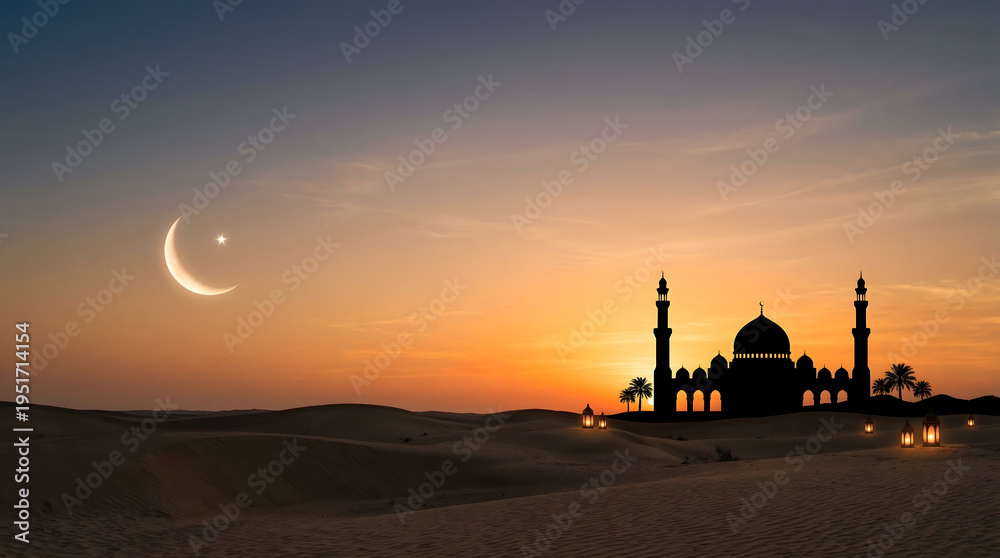 Obraz premium Ramadan Desert Evening with Mosque Silhouette, Crescent Moon and Warm Sunset Sky Landscape