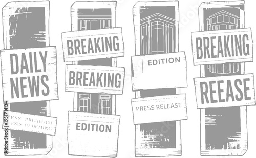 Four panels displaying news headlines and building facades in a monochromatic style daily breaking edition