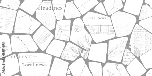 Fragmented newspaper pages with headlines and floral in grayscale local text