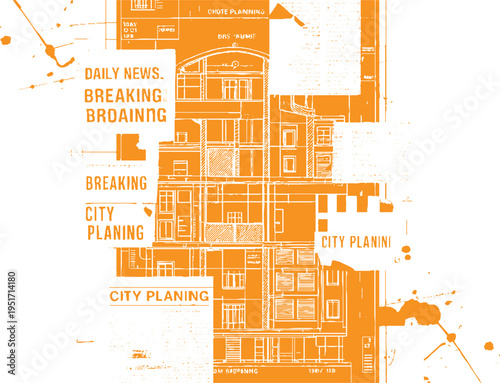 Orange ink splatters and architectural blueprints with text about city planning and daily news paint