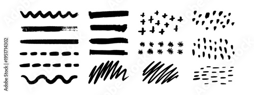 Set of various hand drawn brushstrokes, dots and charcoal doodle lines. Vector collection of grunge rough elements and textures