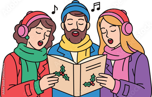 People singing Christmas carols together outdoors in winter
