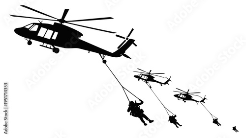 Helicopters rescue people with ropes in a coordinated airlift operation silhouette