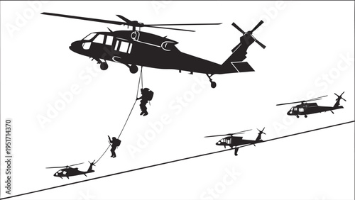 Military helicopters with soldiers rappelling down a rope in a rescue or deployment operation