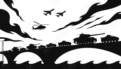Military convoy crossing bridge with tanks and helicopters flying overhead in a dramatic black silhouette illustration