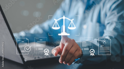 justice scale interface with AI, law, document, and security. Businessman pressing virtual icons, digital law, legal technology, smart compliance, data governance, contract management