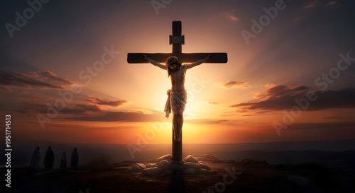 Dramatic silhouette of Jesus Christ on the cross at sunset, symbolizing sacrifice, faith, and resurrection, with a vibrant sky background for religious themes.