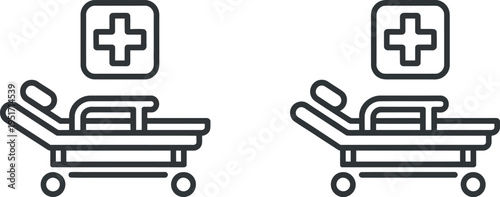 Hospital bed icon set, diverse black and white style collection of hospital beds for medical services branding, emergency care, and healthcare interface design.