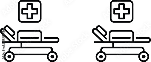 Hospital bed icon set, minimalist black and white collection featuring various bed styles for medical illustrations hospital signage and healthcare graphics.