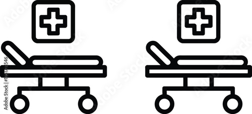 Hospital bed icon set, black and white vector icons displaying multiple hospital bed designs for healthcare software UI and medical information graphics.