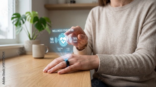 Person using a smart wellness ring projecting holographic health data AI Digital Health Wellness Tracking concept