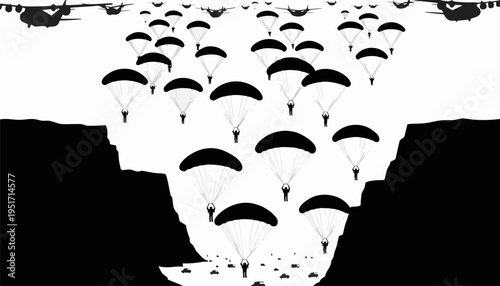 Parachuters jump from plane over cliff edge in black and white silhouette illustration