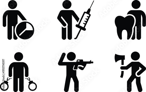 Six icons representing various professions and activities involving human figures