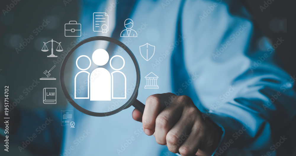 Obraz Human resource and legal investigation concept with magnifying glass focusing on people icon. Recruitment, background check, compliance audit, legal review and corporate risk management process.