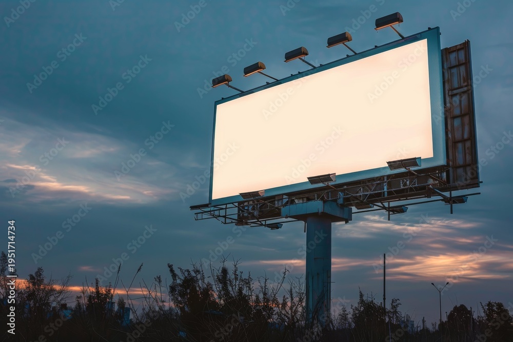 Fototapeta premium Empty blank white backlit billboard mockup against evening sky, low angle view. AI generative
