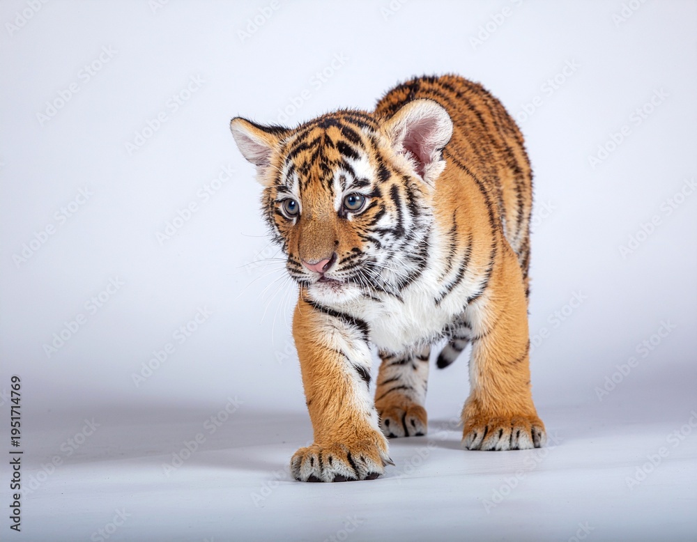 Obraz premium Playful Baby Tiger Cub Looking Curious on White Background