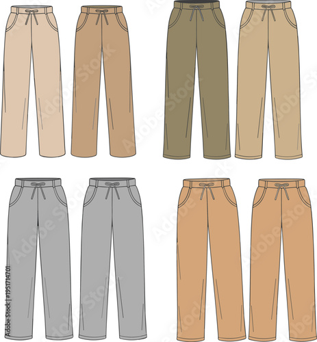 Women casual pants collection template, drawstring waist loose trousers fashion set front view apparel mockup – cad drawing flat vector illustration