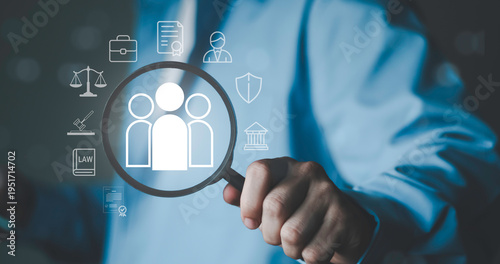 Human resource and legal investigation concept with magnifying glass focusing on people icon. Recruitment, background check, compliance audit, legal review and corporate risk management process.