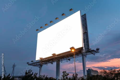 Empty blank white backlit billboard mockup against evening sky, low angle view. AI generative
