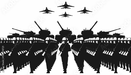Silhouette illustration of army parade with soldiers marching and tanks and fighter jets flying overhead in formation
