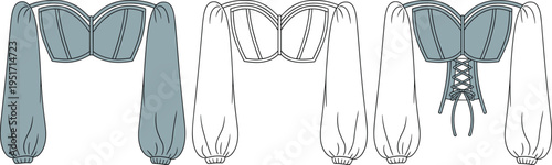 Women corset crop top with puff sleeves technical fashion flat front and back vector illustration