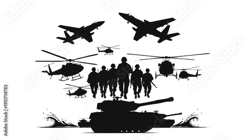 Military forces deployment with tanks and helicopters in action