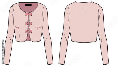 Women cropped cardigan with bow closure technical drawing, long sleeve fashion jacket template front and back apparel mockup vector illustration