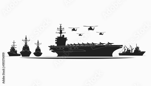 Silhouette of a naval fleet with aircraft carrier warships and helicopters on a white background