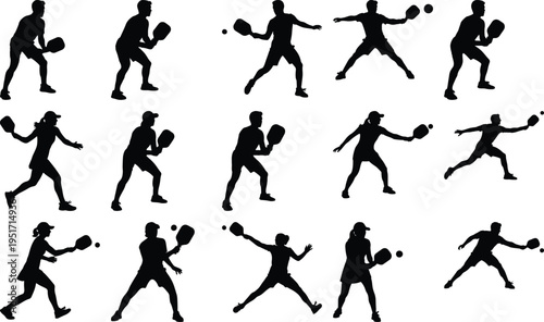 Set of black silhouette figures of men and women playing pickleball, illustrating a range of athletic poses and movements, perfect for sports-related designs and concepts.