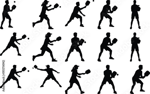 Vector silhouettes of pickleball players in mid-action, depicting both men and women executing shots with racquets and balls, conveying a sense of athleticism and competitive spirit.