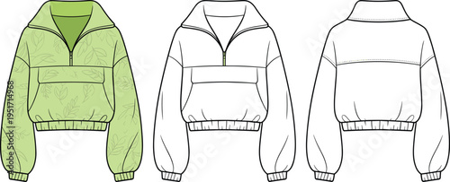 Women cropped hoodie jacket template, half zip sweatshirt fashion mockup front and back apparel – cad drawing flat vector illustration