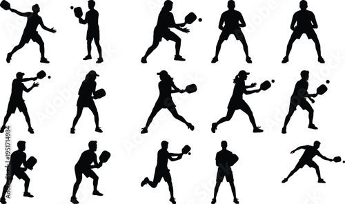 Group of fifteen distinct pickleball player silhouettes, showcasing men and women in various dynamic poses and actions, highlighting the sport's energetic and engaging nature.