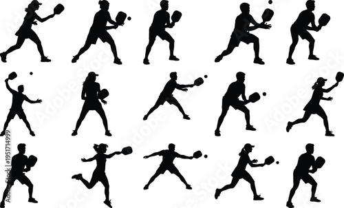 Diverse group of athletes in silhouette, showcasing dynamic poses and actions during a fast-paced game of pickleball, emphasizing athleticism and competitive spirit on an outdoor court.