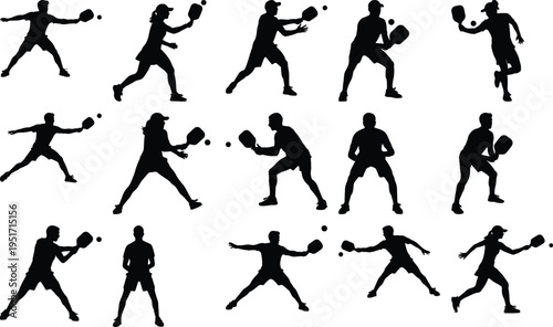 Collection of black silhouettes of men and women engaged in pickleball, captured in mid-action poses, illustrating the sport's energetic and competitive spirit.
