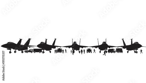 Military airbase silhouette with fighter jets and personnel black vector illustration on white background for defense and aviation concepts