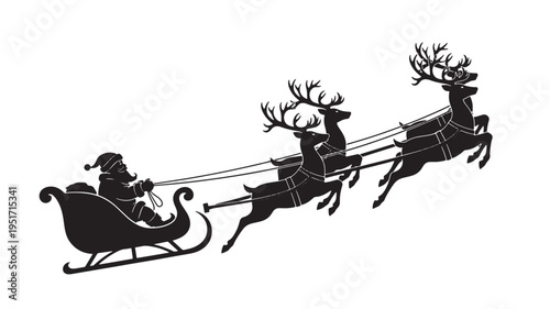 Santa Claus silhouette in a sleigh pulled by three reindeer with large antlers, captured in a dynamic jumping pose during Christmas.