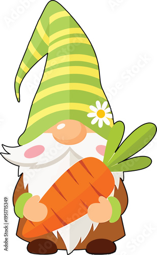 Whimsical Cartoon Gnome Holding Carrot with Spring Garden Fantasy Theme