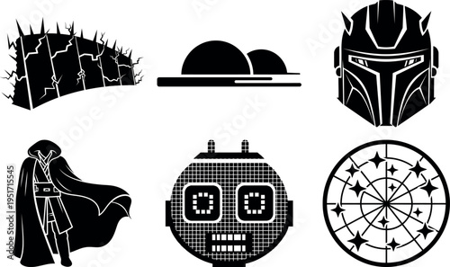 Collection of futuristic and fantasy icons with scifi themes isolated design elements