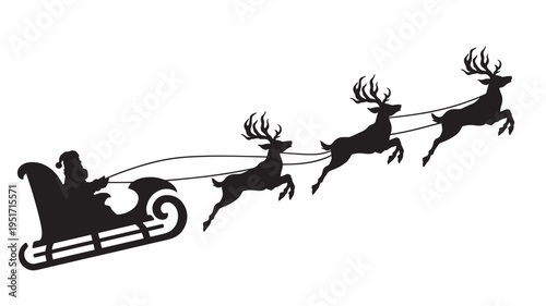 Santa Claus silhouette in sleigh pulled by reindeer with antlers flying across a white background, evoking holiday spirit and winter magic.