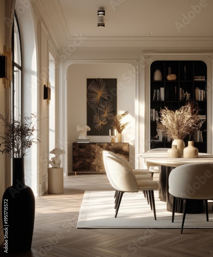 Elegant Dining Room Interior with Modern Accents and Natural Light Design Featuring Stylish Furniture
