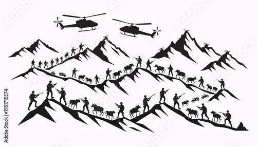 Military brigade hiking mountainous terrain with helicopters overhead in black silhouette vector illustration