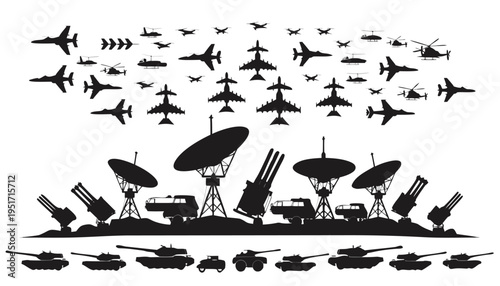 Multi layer defense system with military aircraft satellite dishes missiles and tanks in black silhouette on white background for security and technology concepts