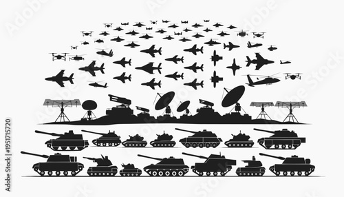 Multi layer defense grid silhouette with military aircraft tanks and defense systems on white background for security and protection concepts